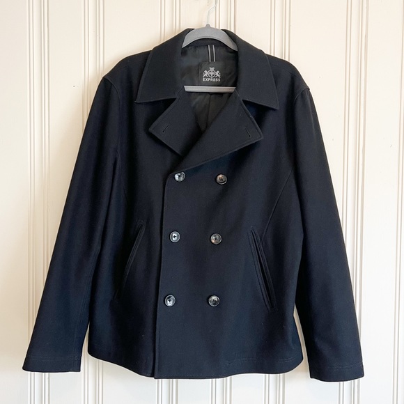 Express Jackets & Coats Express Mens Black Wool Blend Pea Coat Dressy Jacket Business Coat